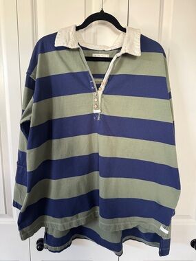 We The Free Olive Green and Navy Blue Striped Rugby Polo